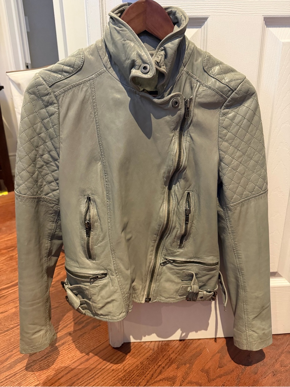 Muubaa Quilted Leather Moto Jacket - Sage Green